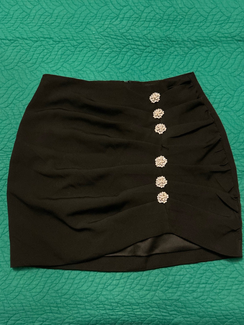 DO + BE Black Ruched Mini Skirt with Decorative Crystal Buttons